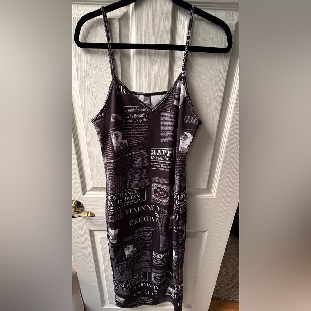 Black & White Newspaper Print Midi Dress